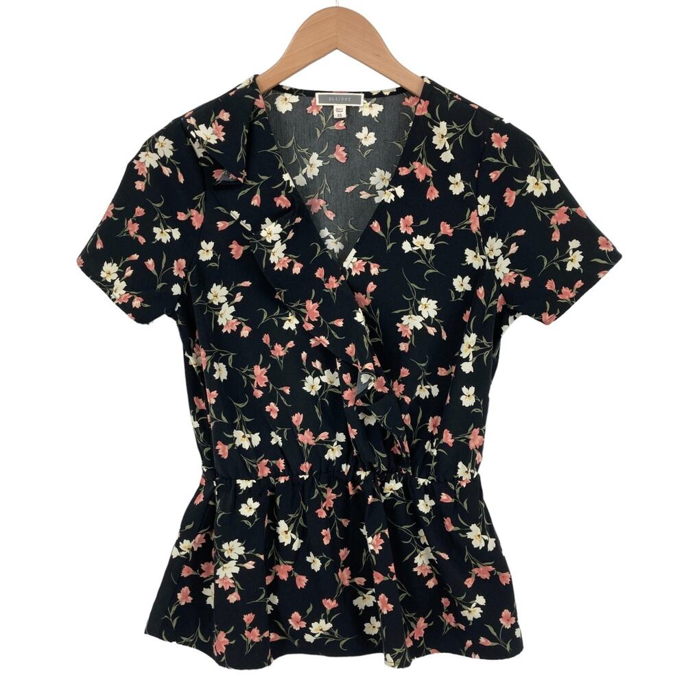 Pleione Blouse Top Womens XS Black Floral Surplice V Neck Ruffle Hem Pullover